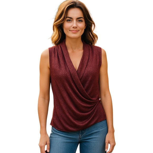 Chaus Burgundy Sleeveless Wrap Top Blouse - Picture 1 of 6